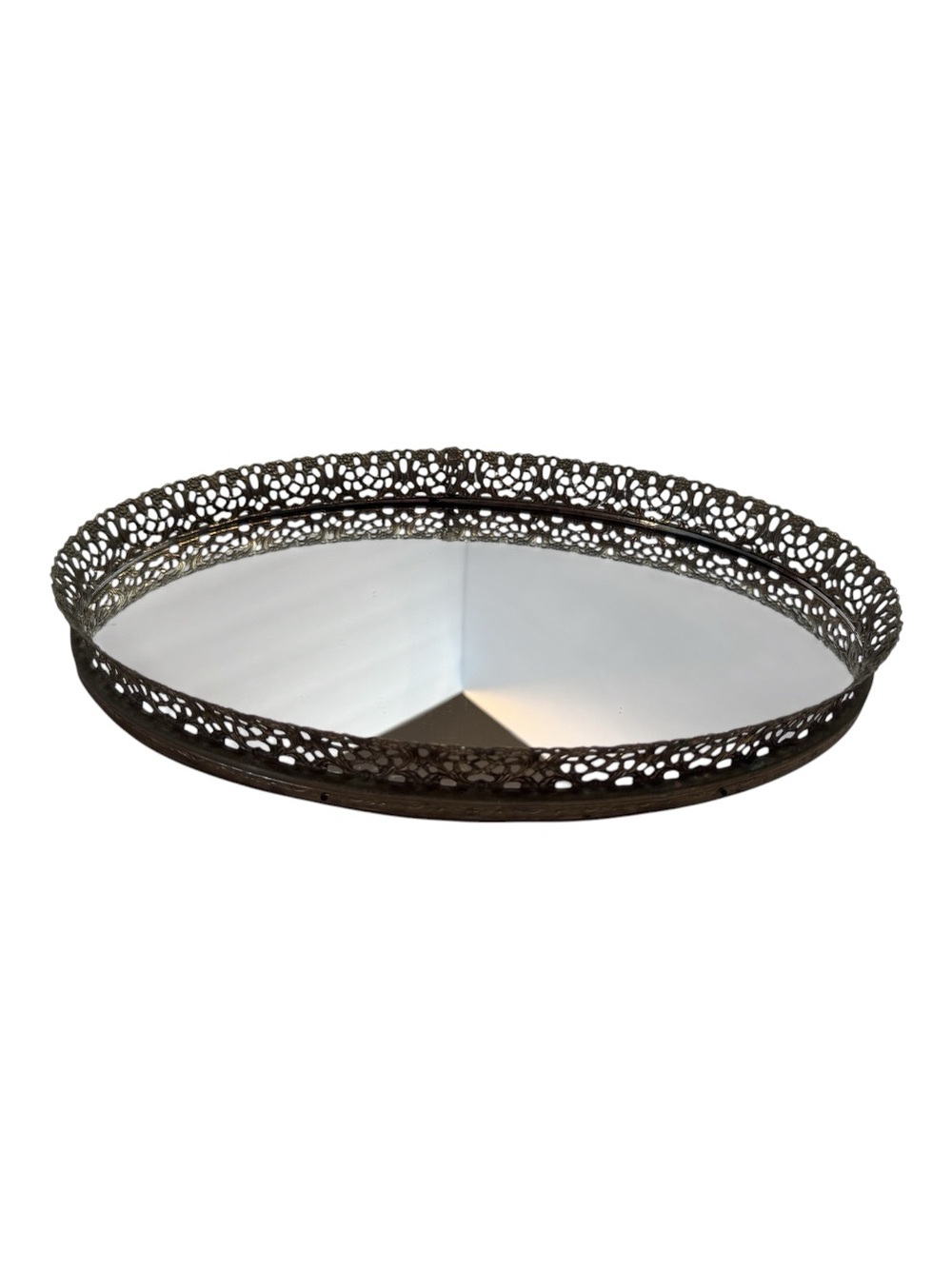 Vintage 13.5” Gold Filigree Mirrored Vanity Tray Floral Hollywood Regency Ornate